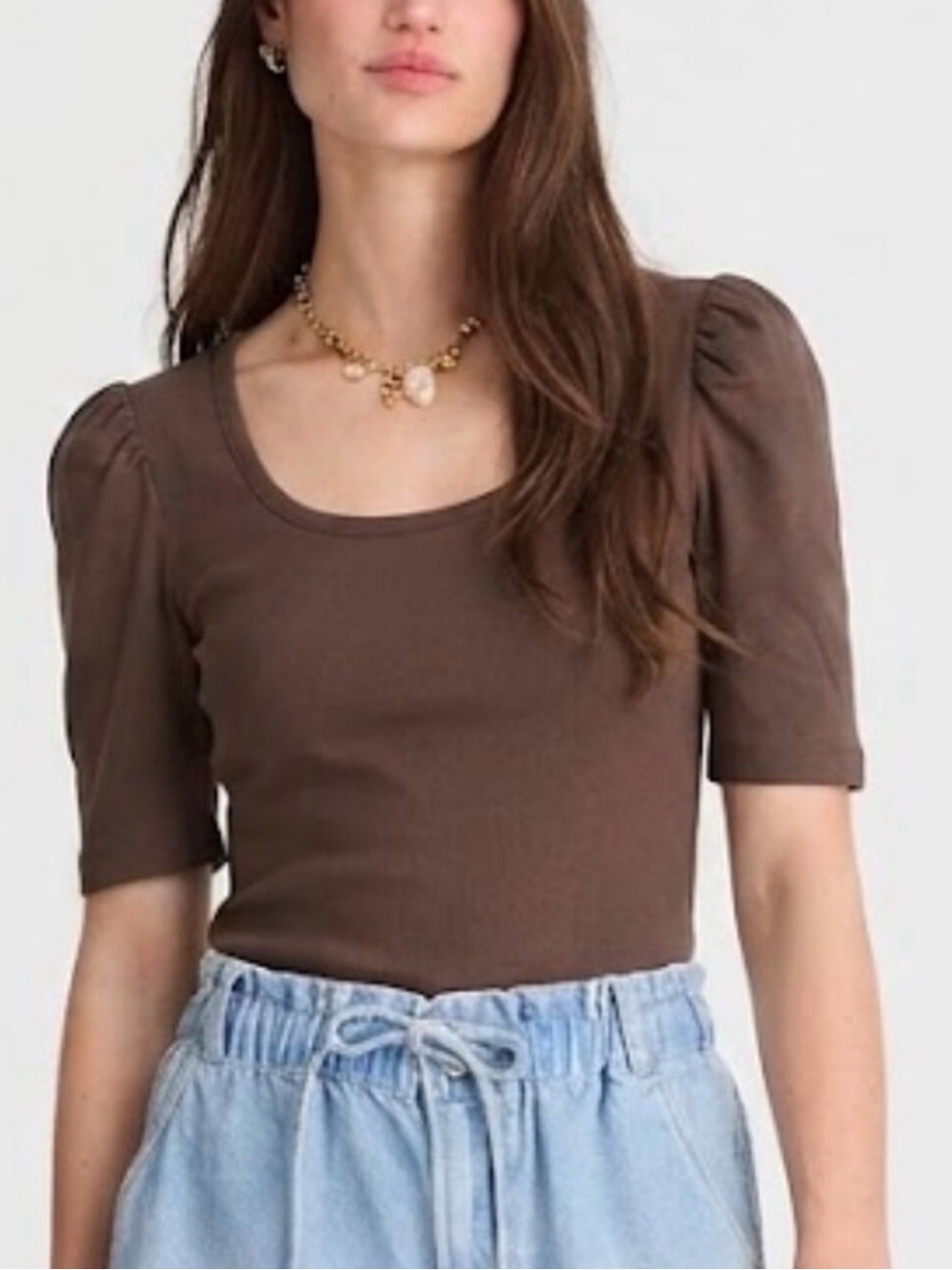 Madewell Brown Puff-Sleeve Ruched Scoop Neck Tee